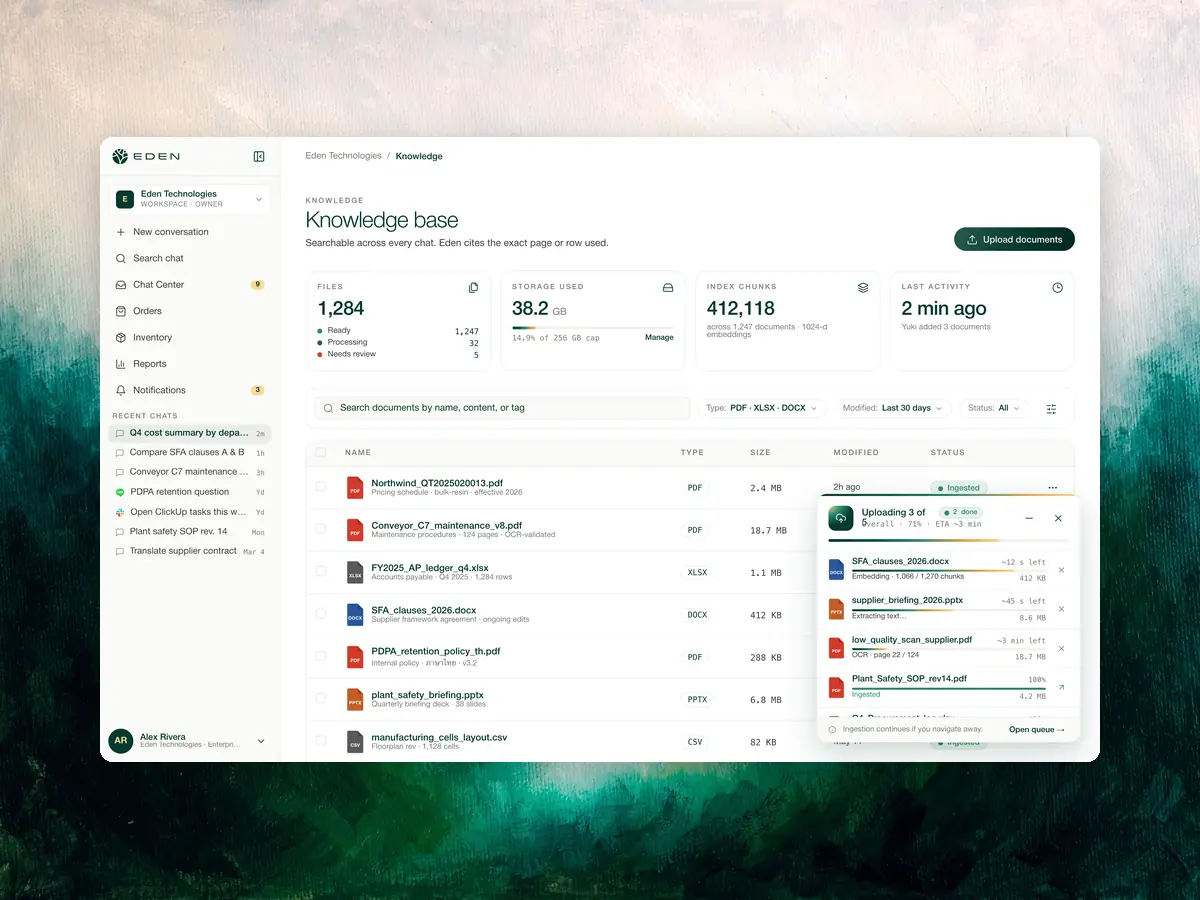 An indexed document list in Eden: a pricing schedule, maintenance procedures, an accounts-payable ledger, a framework agreement, a Thai-language policy and a briefing deck, each with its file type.