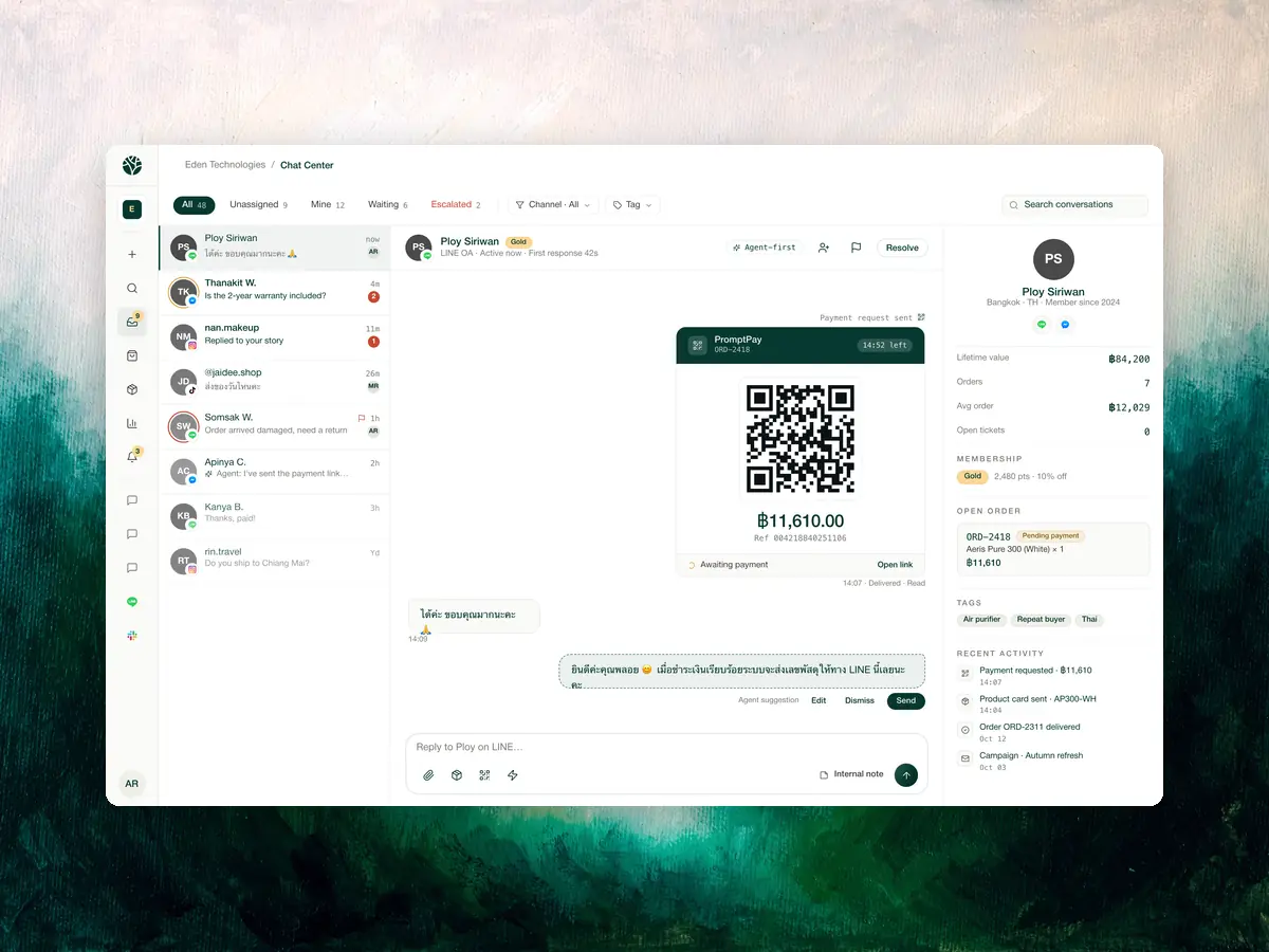 A PromptPay payment request sent inside a customer conversation in Eden: a QR code, the amount, a countdown to expiry, and an awaiting-payment status against an open order.